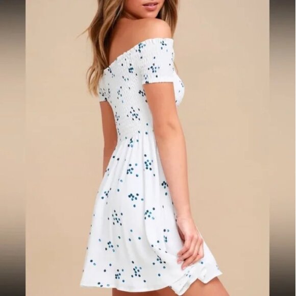 Santa Monica Pier Blue and White Print Off-the-Shoulder Dress - Picture 16 of 16